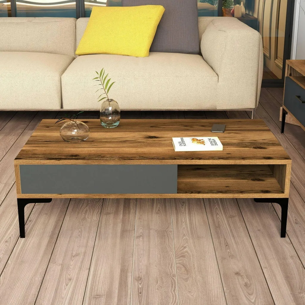 Table Basse Gru Effet Noyer 105 cm avec Compartiment de Rangement Bas - 5