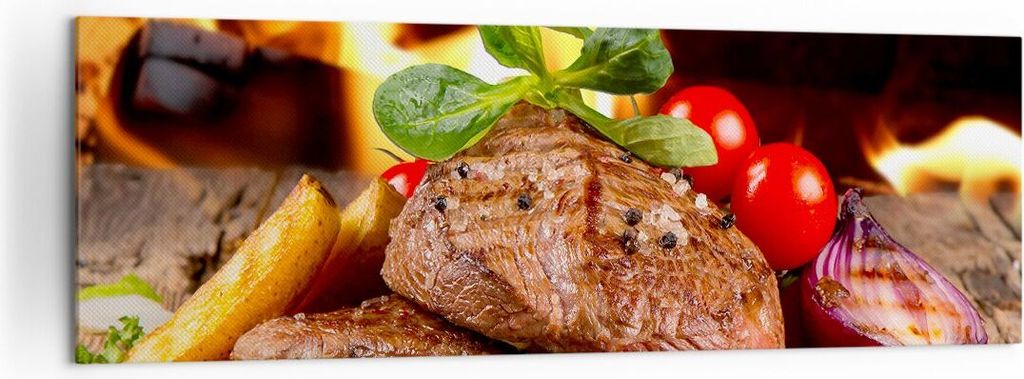 Bild auf Leinwand - Leinwandbild - Essen Holz Feuer Steak - 160x50cm - Wand Bild - Wanddeko - Leinwanddruck - Bilder - Kunstdruck - Wanddekoration ...