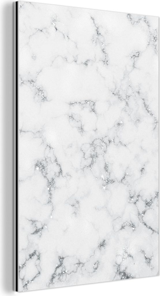MuchoWow Wanddekoration Metall Metallbild Wandkunst 40x60 cm Marmor - Weiß - Silber - Glitter - Marmoroptik - Chic MuchoWow Aluminium Gemälde - W...