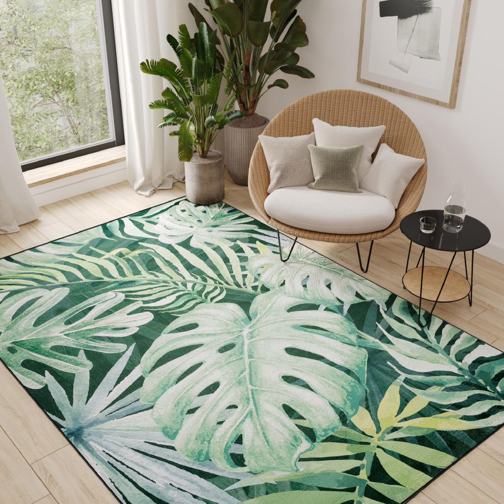 Teppich Wohnzimmer Schlafzimmer Grün Palmenblätter 140 x 200 cm
