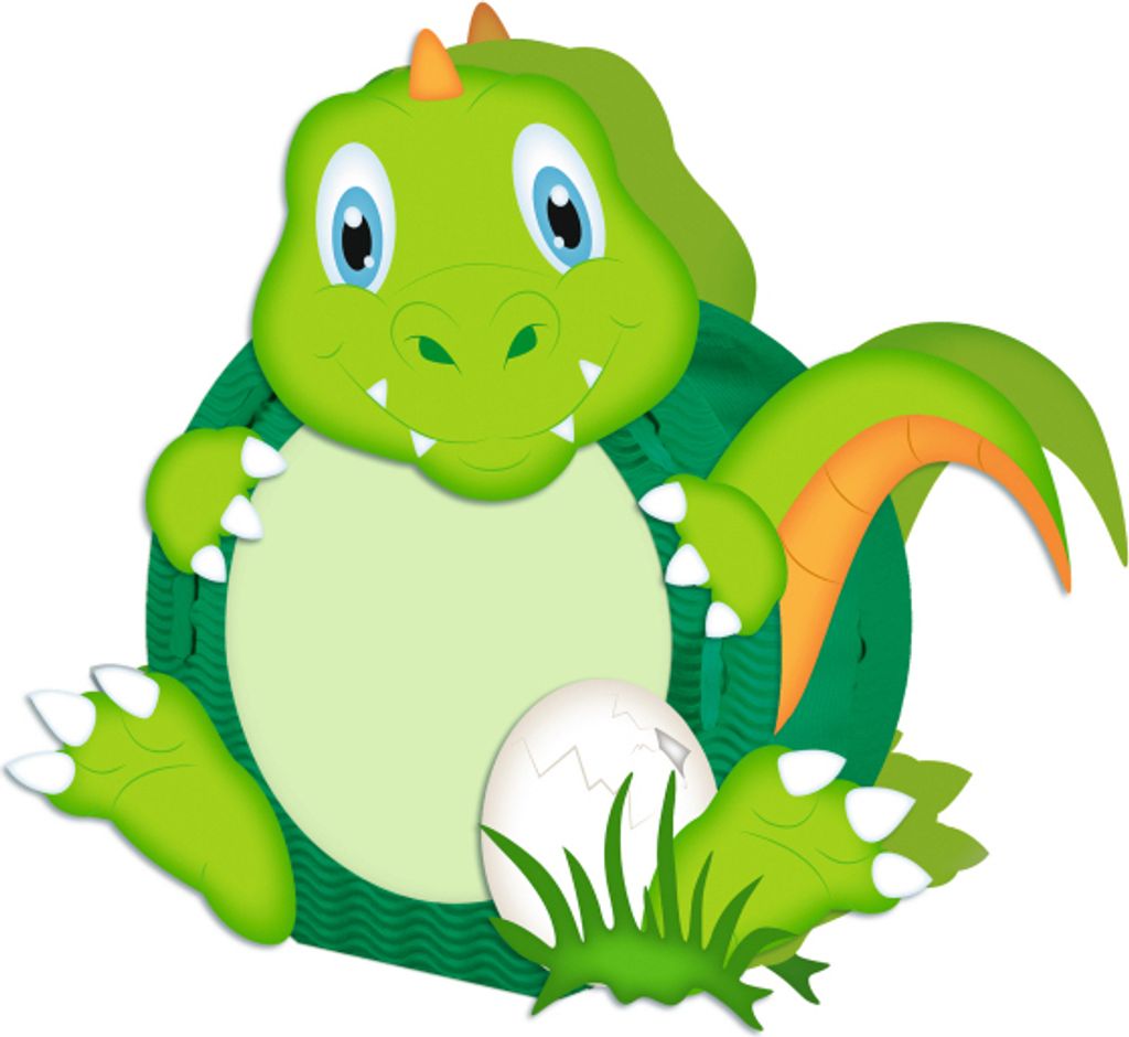 A cartoon dinosaur sitting next to a cracked egg and grass.