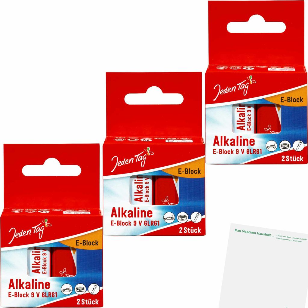 Jeden Tag Alkaline Batterien 9V E-Block 6LR61 3er Pack (3x2Stk Packung) + usy Block