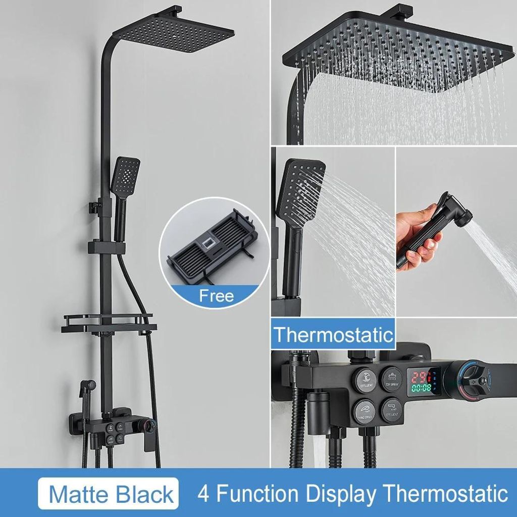 Duschsystem - Thermostat-Regendusche - LCD-Temperaturanzeige (wasserbetrieben) - 20 cm Kopfbrause - Wannen-Auslauf & Ablage - Höhen-/schwenkbar - ...