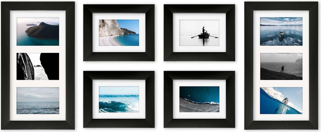 Multirahmen Athen Schwarz – Set aus 4×18×24 cm + 2×50×25 cm Bilderrahmen, echtes Glas, 1:1-Schablone, fertige Wandgalerie