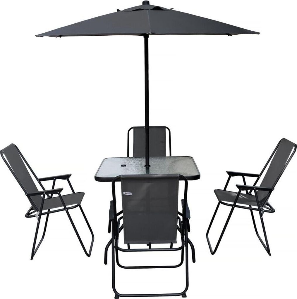 Gartentisch und -stühle mit Sonnenschirm aus Metall "Convivia" - 4 Sitzplätze - Anthrazitgrau