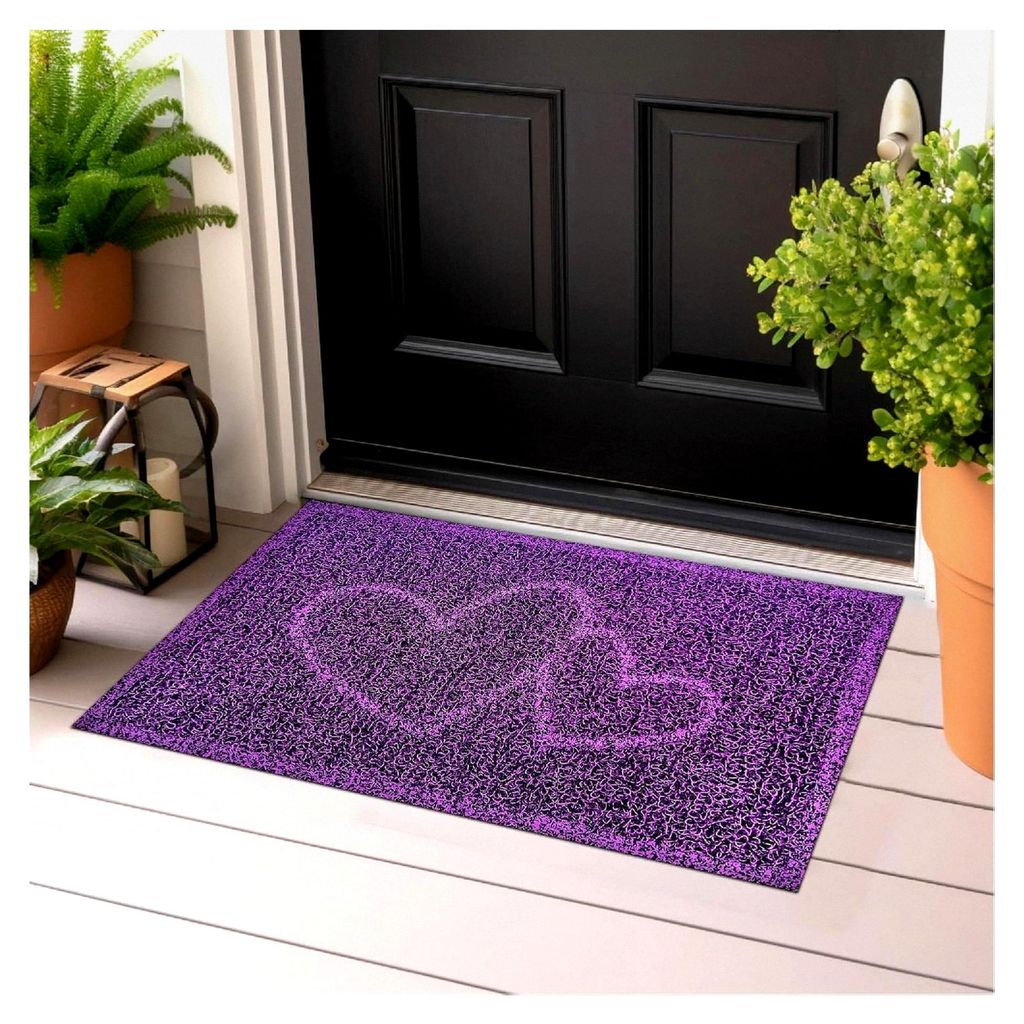 Rutschfeste, waschbare Fußmatte für den Flur, weiche Haustürmatte, Schmutzfangmatte für innen und außen (LILA Herz, 38x58 cm)