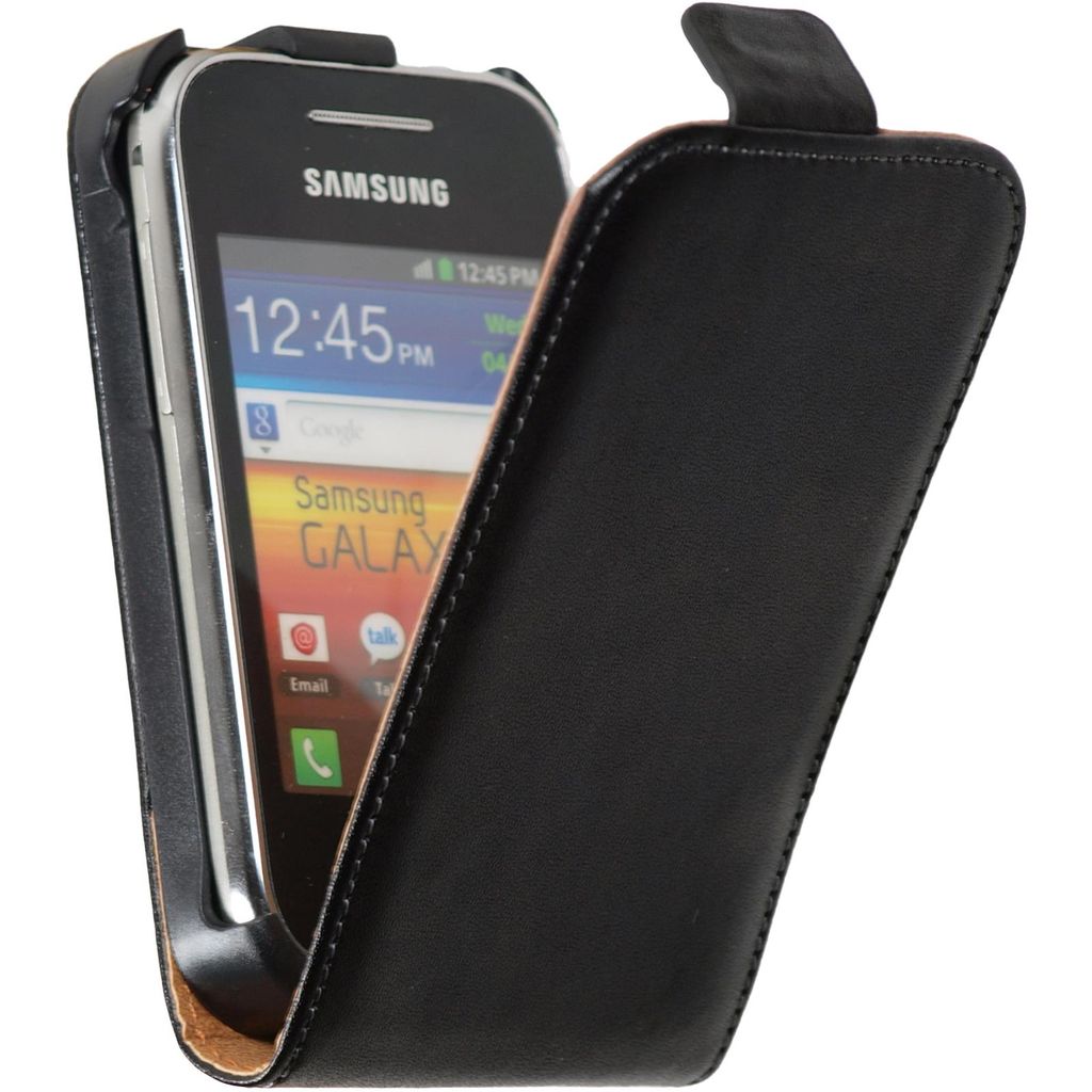 PhoneNatic Kunst-Lederhülle kompatibel mit Samsung Galaxy Y - Flip-Case schwarz + 2 Schutzfolien