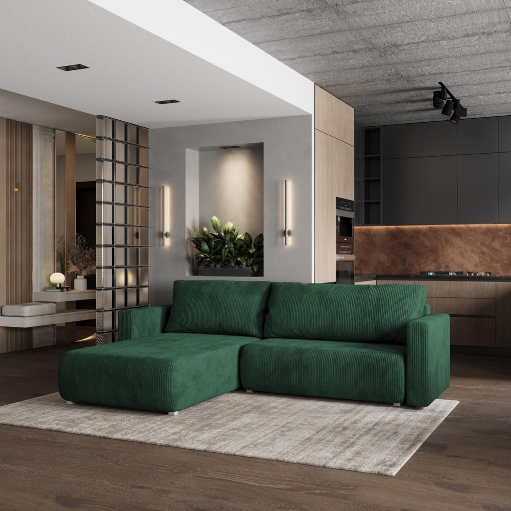 Masseno Ecksofa TURIN P mit Schlaffunktion L-Form, Sofa mit Bettkasten, Wohnzimmersofa, Couch, Soffa, Bettsofa, Couchgarnitur- Grün, POSO 14