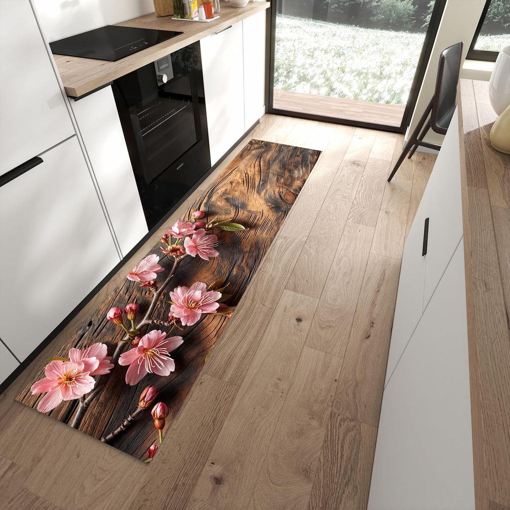 Küchenteppich 60x240cm rutschfest & abwischbar PVC Läufer - Holzblüten