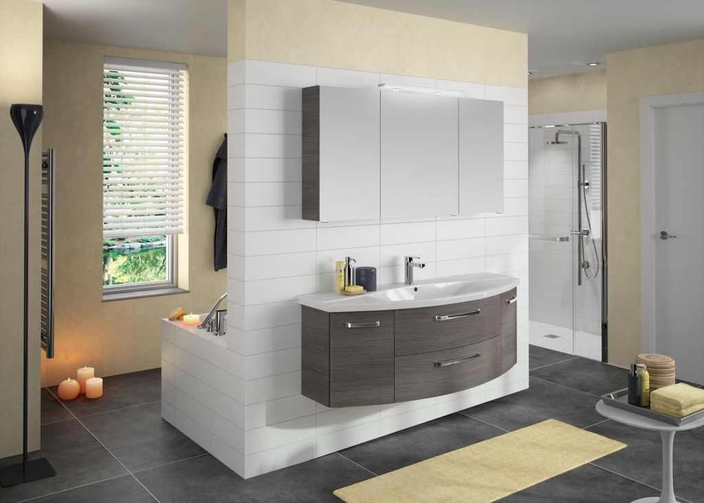 PELIPAL Serie 4010 Bad Möbel Set (3 teilig) / Graphit Struktur , Spiegelschrank , Keramikwaschtisch , Unterschrank, LED Beleuchtung