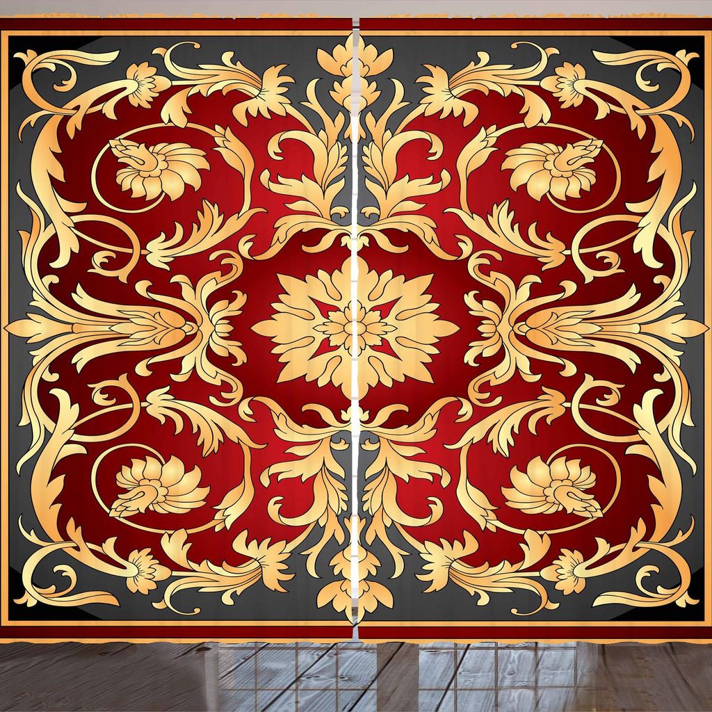 ARANDE Türkisch-Muster Gardine, Osmanische Spirale Laub Muster Rahmen mit filigranen Stil Royal und Retro, 280 x 175 cm, Senf Schwarz Rubin