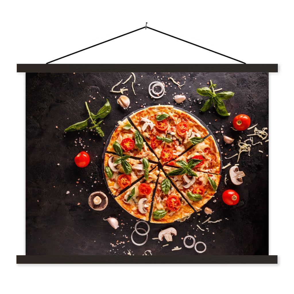 MuchoWow Textilposter Pizza - Gemüse - Kräuter - Küche - Industrie 150x113 cm mit holzfarbenen Rahmen - Poster