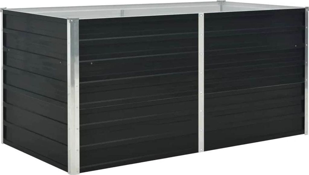 A dark gray raised garden bed with silver trim, shown from a slightly elevated angle.