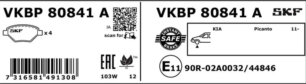 SKF VKBP 80841 A Jeu de Plaquettes de Frein à Disque Avant Premium