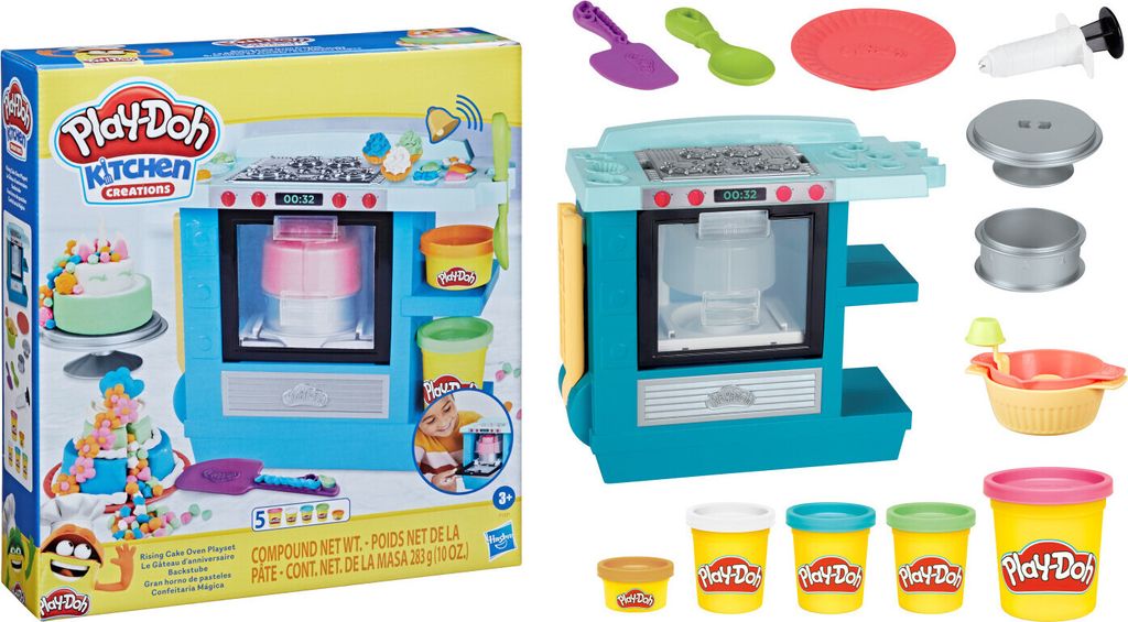 A Play-Doh Kitchen Creations Backstube playset and its contents are displayed.