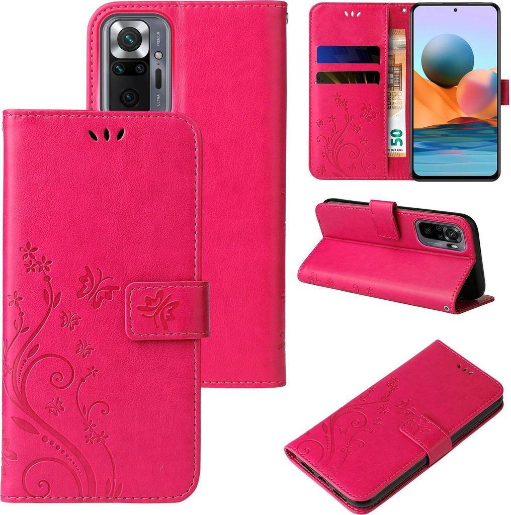 Handyhülle für Xiaomi Redmi Note 10 Pro Floral Blumen Schmetterling Flip Cover Hülle Case Klapphülle Handytasche Farbe: Pink