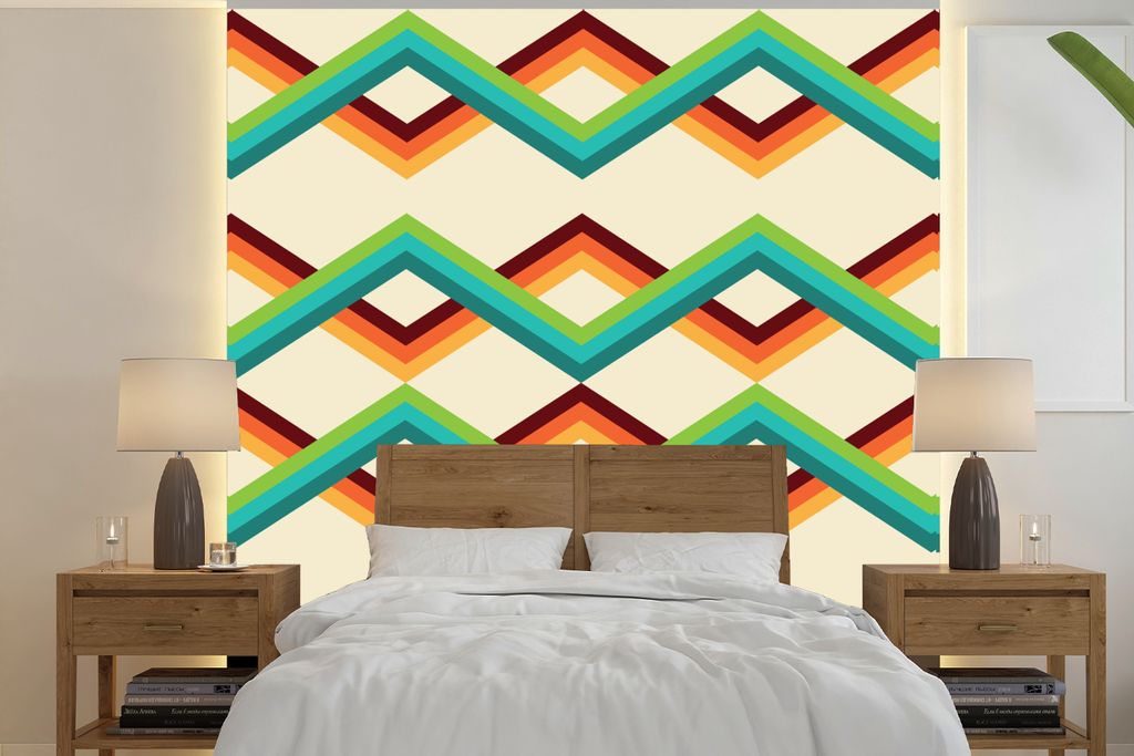 MuchoWow Fototapete für Wohnzimmer oder Schlafzimmer Wandtapete Vinyl Motivtapete Retro - Streifen - Design - Siebziger Jahre - 260x260 cm - Pap...