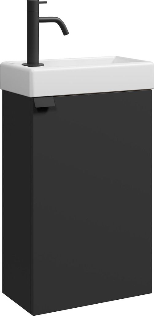 A black vanity unit with a white sink and a black faucet.