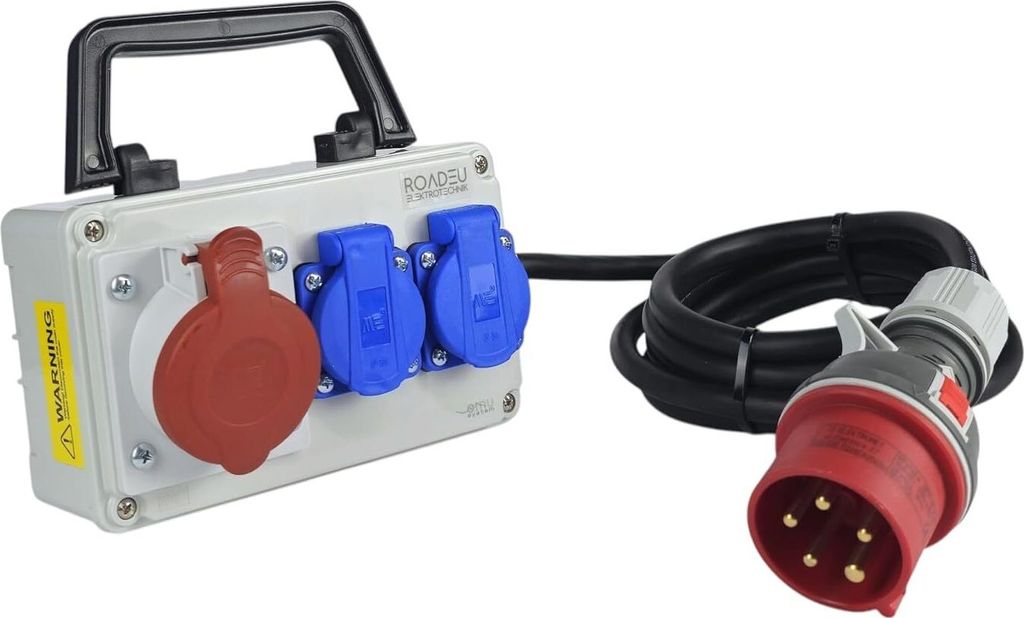RoadEu - CEE Steckdose 16A und 2x Schuko Verteiler - Steckdosenverteiler - Stromverteiler 16A, Mobilverteiler - Stromkabel 5 meter - Baustromverteiler