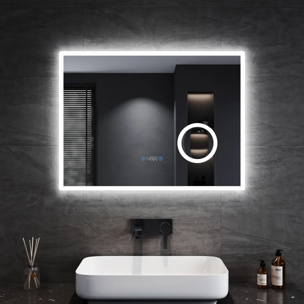 Miroir Mural Lumineux Tactile 80x60cm pour Salle de Bain avec Heure
