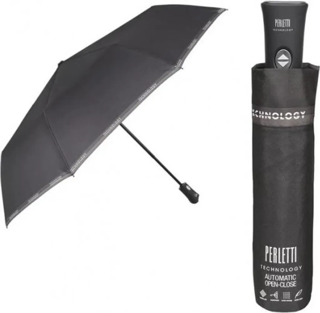 Ombrello Uomo Elegante Perletti Technology 21765 Nero Antivento