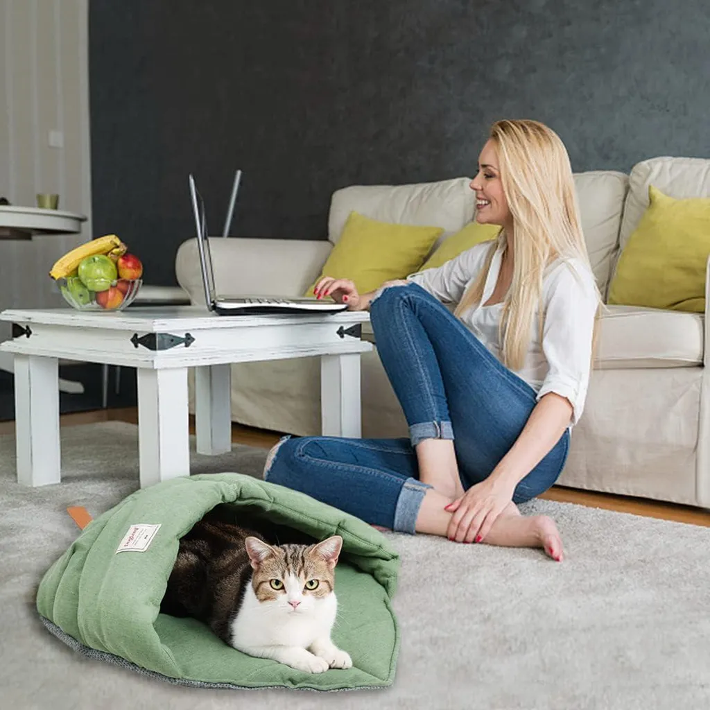 Sac de couchage pour chats vert chaud lit douillet grande grotte 45cm