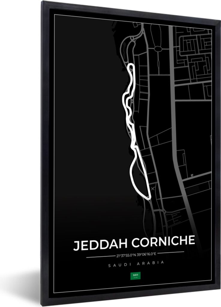 MuchoWow Gerahmtes Poster Rennstrecke - Sport - Saudi-Arabien - Formel 1 - Jeddah Corniche Circuit - Schwarz 40x60 cm - Poster mit Schwarzem Bild...