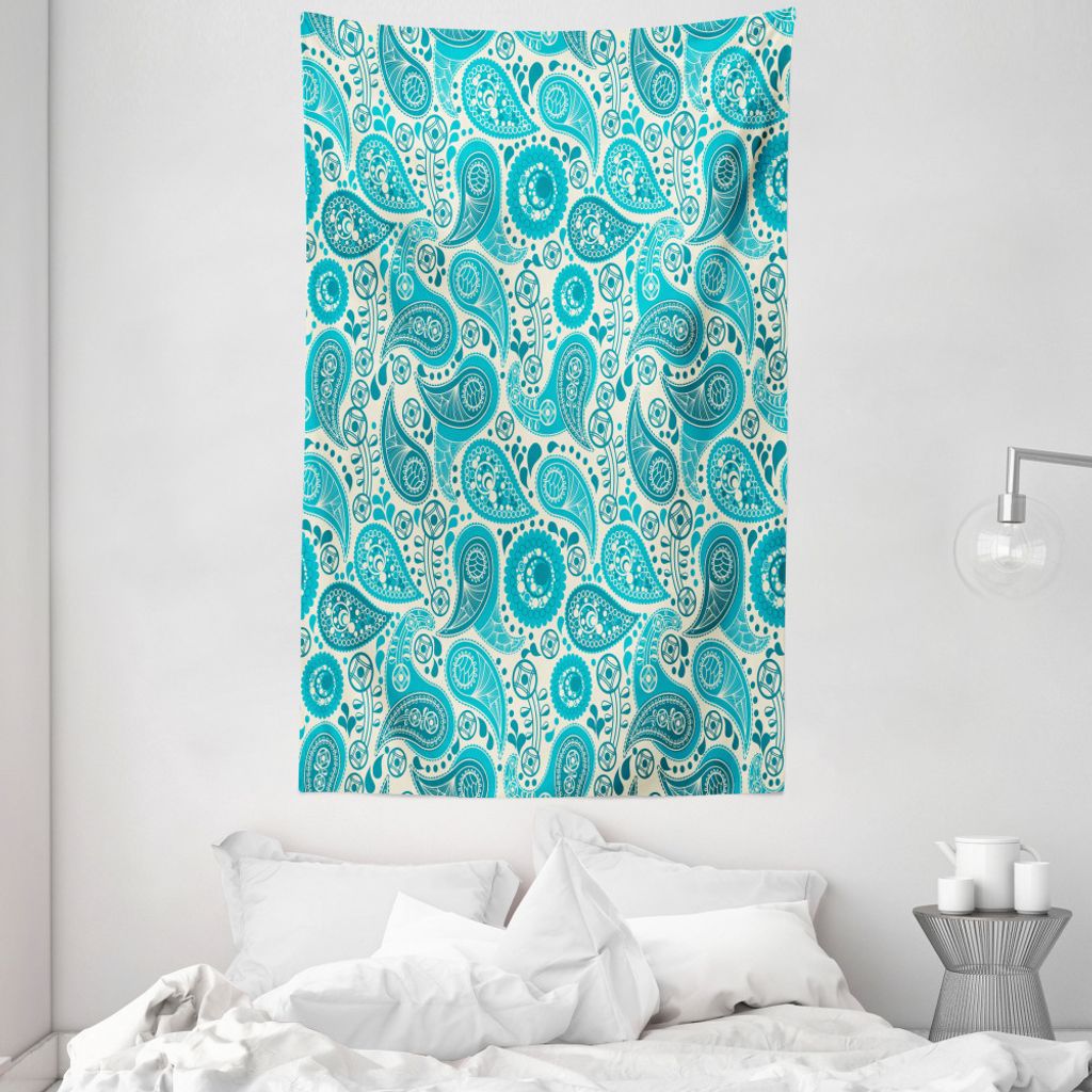 ABAKUHAUS Paisley Wandteppich und Tagesdecke, Paisley Blue Flowers aus Weiches Mikrofaser Stoff Waschbar ohne Verblassen Digitaldruck, 140 x 230 cm...