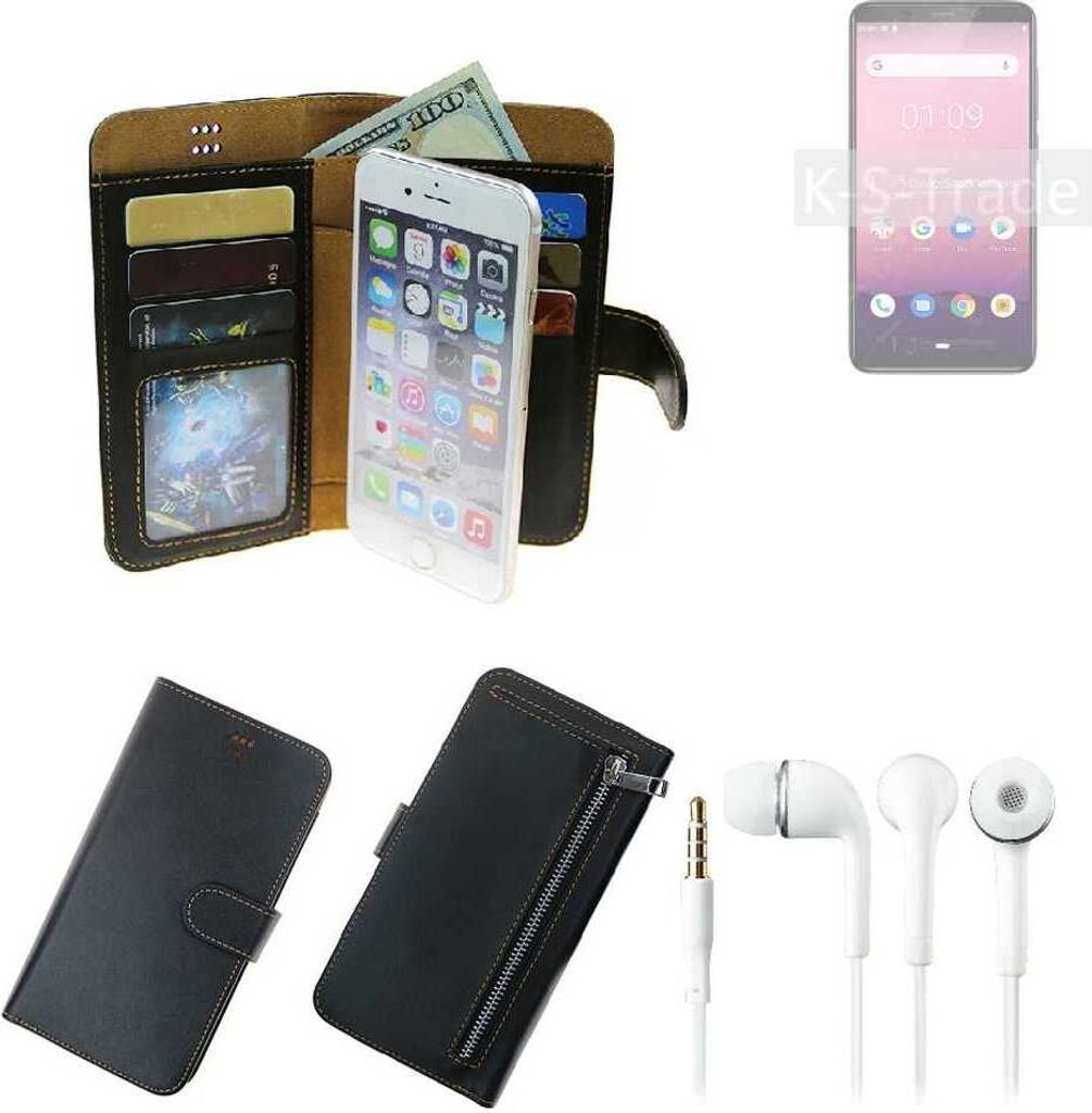 TOP SET Handy Hülle Schutz Hülle kompatibel mit Cubot J7 schwarz aus Kunstleder + Kopfhörer Smartphone Tasche vollwertige Geldbörse K-S-Trade