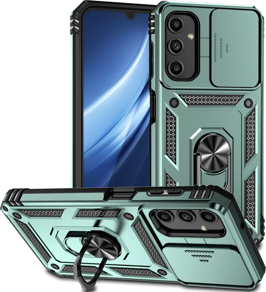 Custodia per Samsung Galaxy A25 5G a doppio strato con copertura scorrevole della fotocamera e supporto ad anello verde