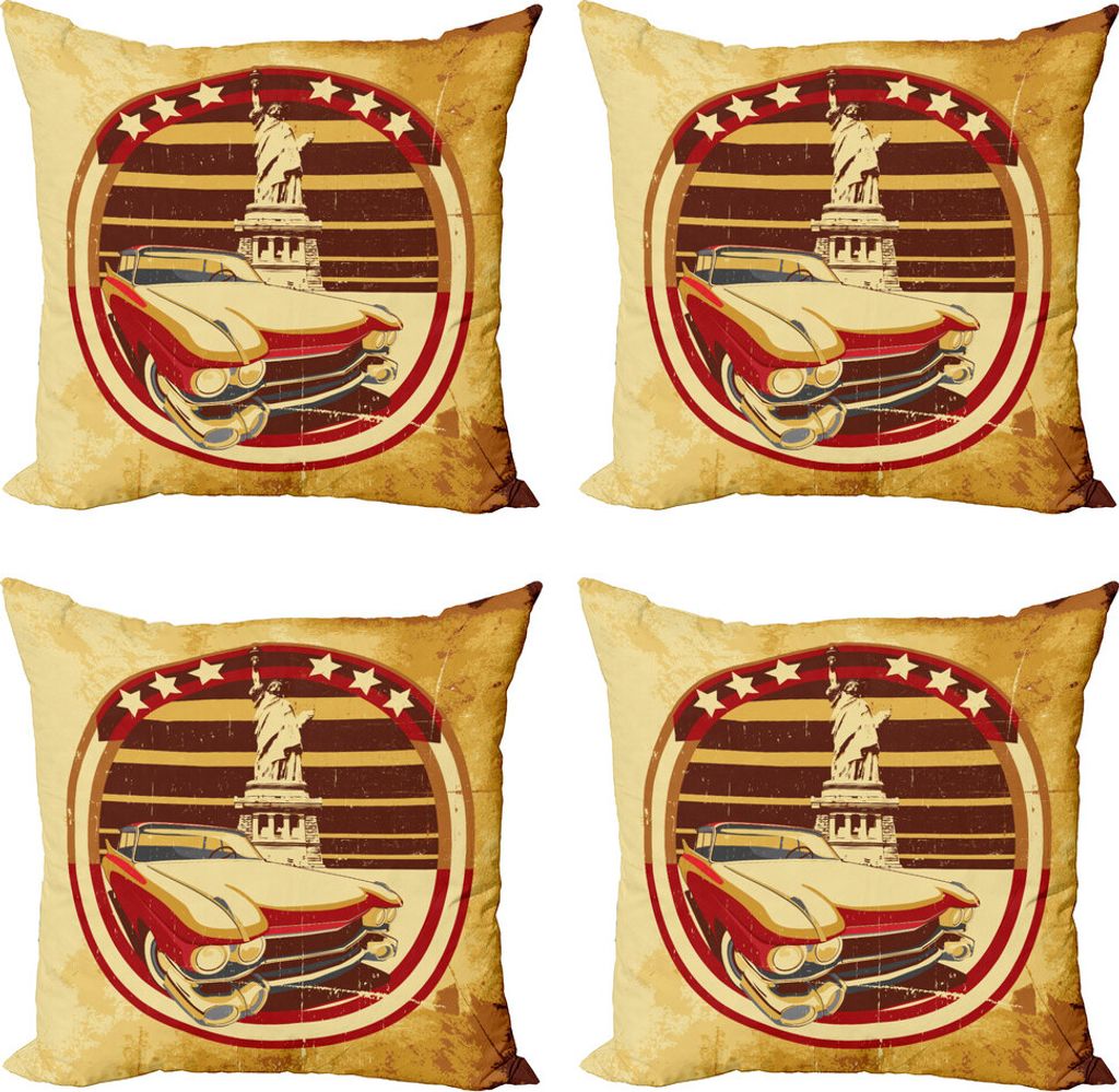 ABAKUHAUS Oldtimer Kissenbezug Set (4 Stück), amerikanisch, Moderner Doppelseitiger Digitaldruck, 45 cm x 45 cm, Gelb Rot Braun
