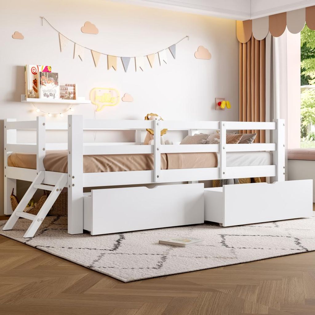 Kinderbett aus Holz mit Rausfallschutz, 2 Schubladen und Produktbild 
