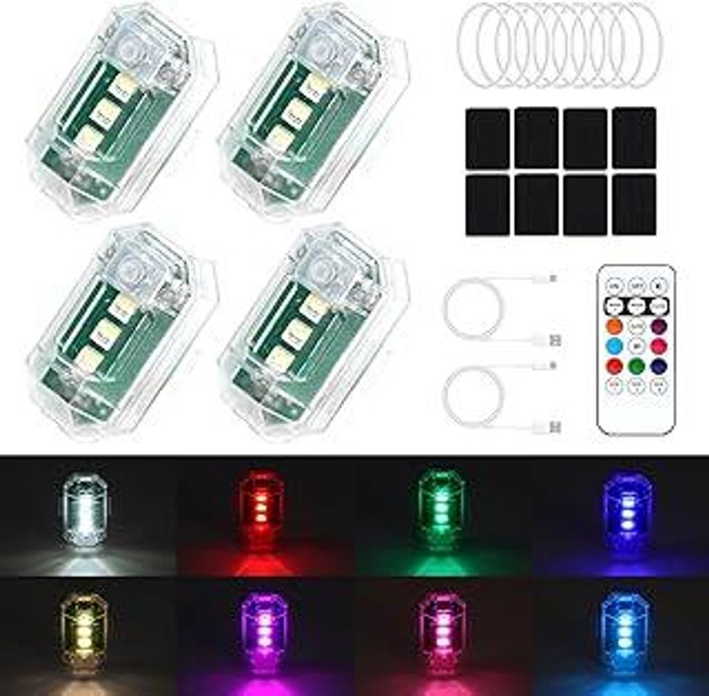 4 Stück Strobe Drone Light, Drahtloses Auto LED-Blitzlichter mit Fernbedienung, 8 Farben Hochhelle LED-Flugzeug-Blitzlicht und USB-Aufladung, Droh...