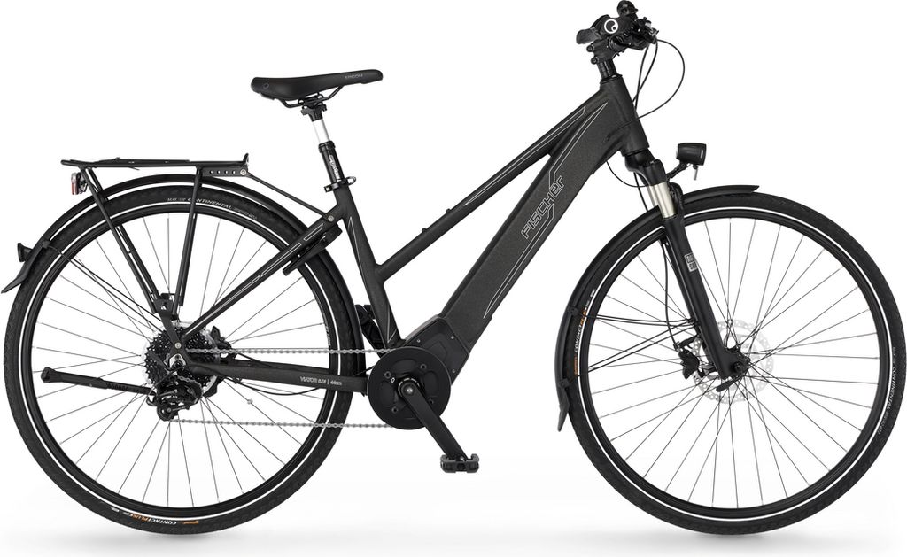 A black electric bicycle is shown against a white background.