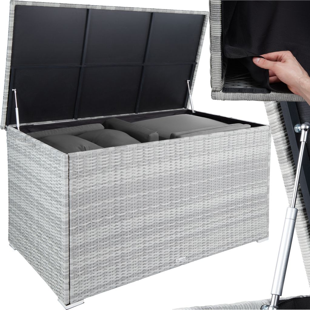 An open storage box with cushions inside, shown from a slightly elevated front-left angle.