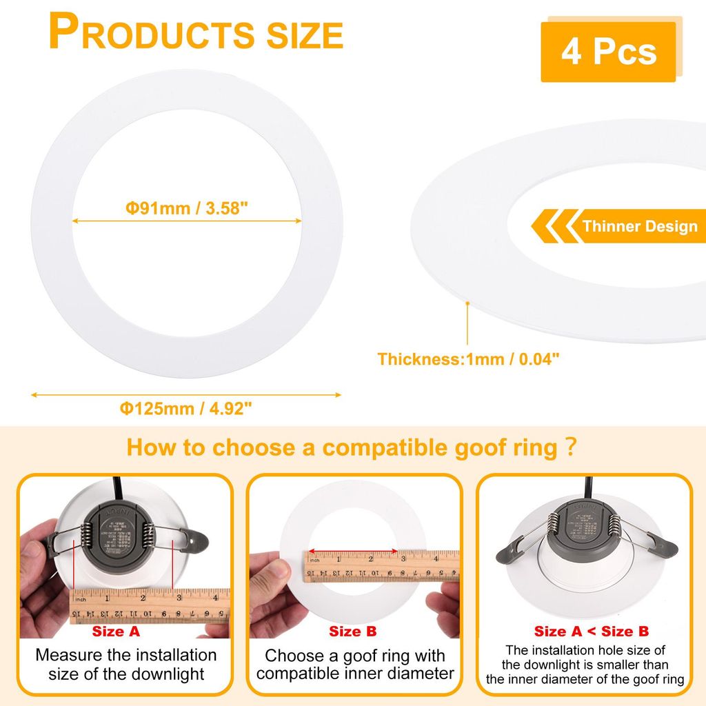 Goof Ringe ID 3,58" x OD 4,92", 4 Stš¹ck Metall Goof Ringe Abdeckung fš¹r Einbaustrahler Decken- und Wandlampen Beleuchtung Downlight LED, Wei?