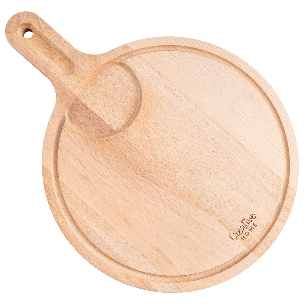 Creative Home Rundes Pizzabrett Tablett Serviertablett Schneidebrett Holz Rund | 40 x 30 x 1,5 cm | mit Griff, Saftrille, Dip-Schüssel Platz Holzb...