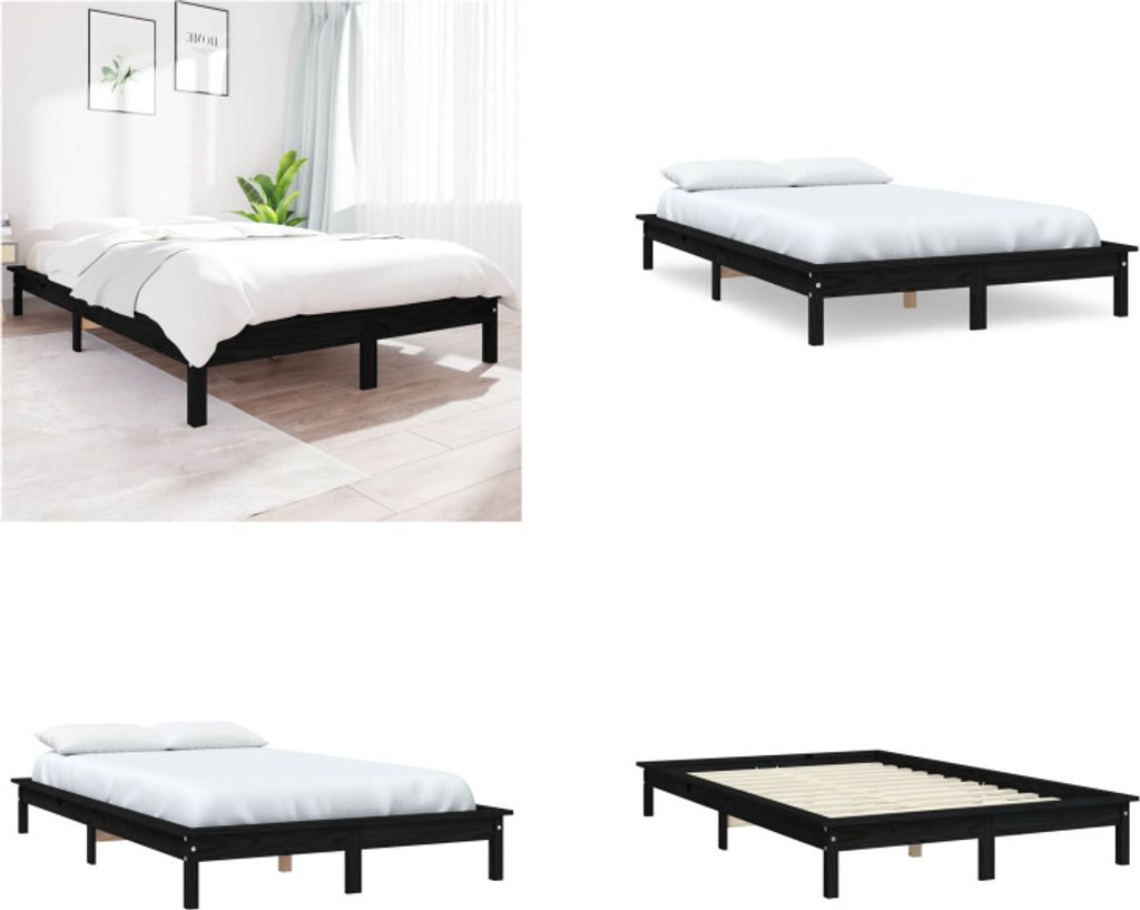 vidaXL Massivholzbett Schwarz 180x200 cm Kiefer - Bettrahmen - Bettgestell - Bett - Holzbett