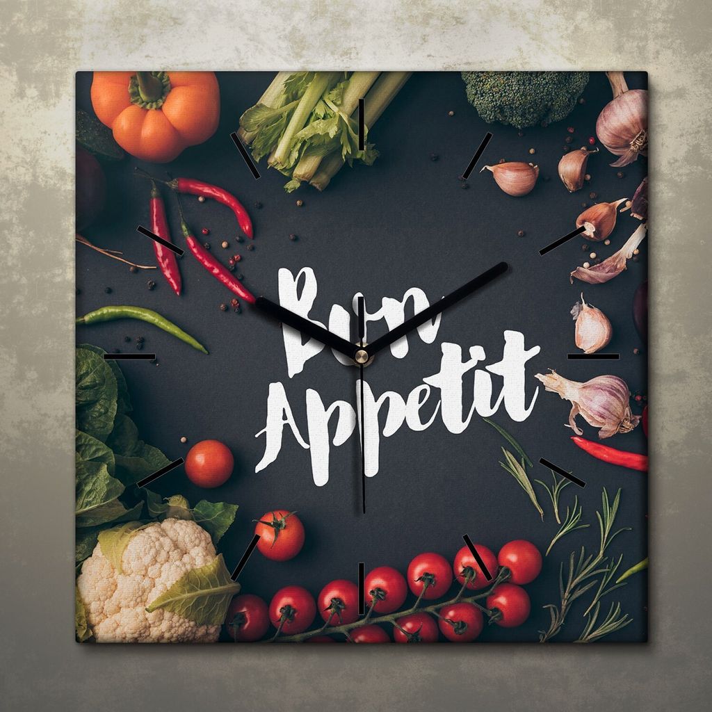 Wohnzimmer Leinwand Uhr Geräuschlos Küche 30x30 Restaurant, Motive, Bon Appetit, Textur, schwarze Zeiger