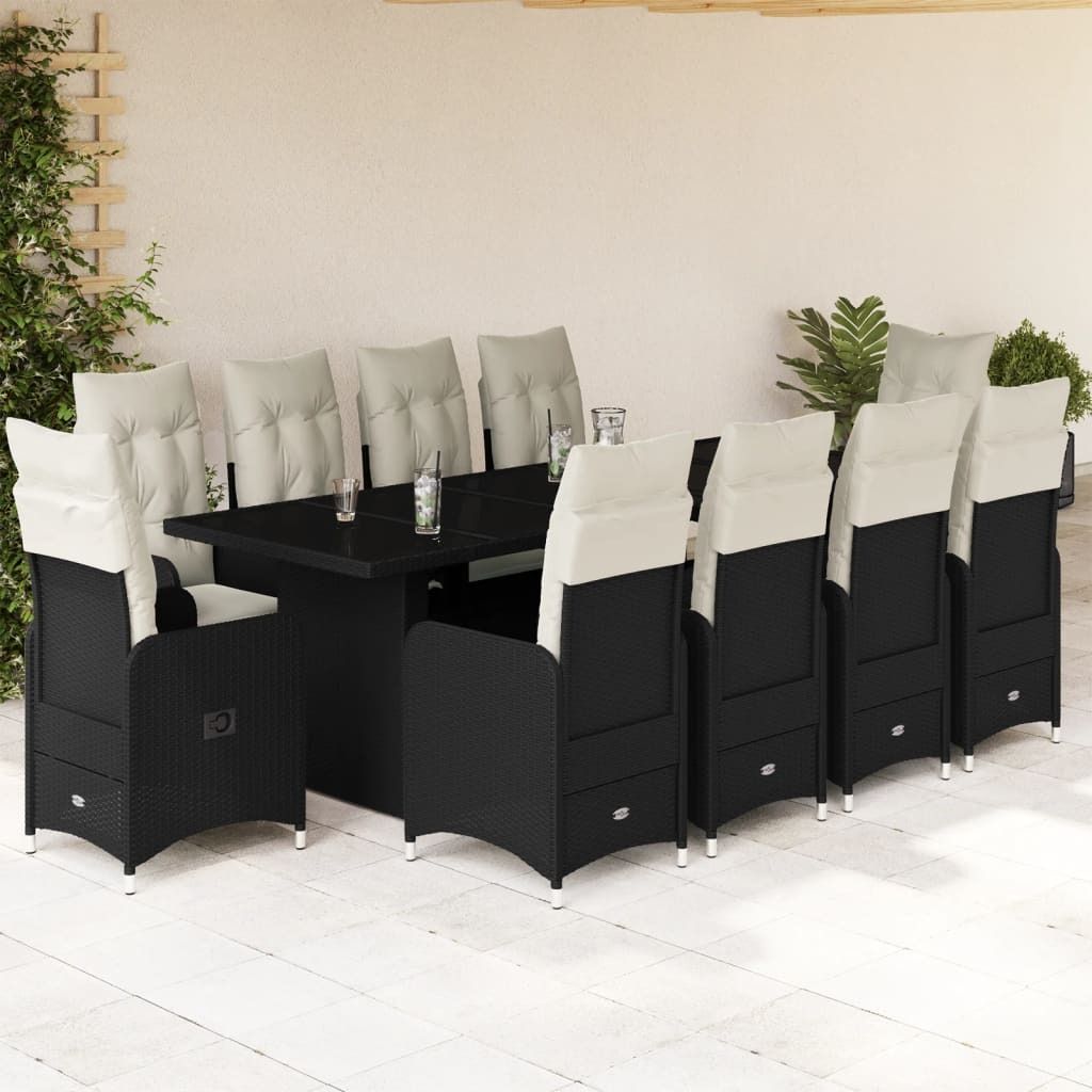 Möbel 11-tlg. Garten-Bistro-Set mit Kissen Schwarz Poly Rattan - Sitzgruppe 3277276