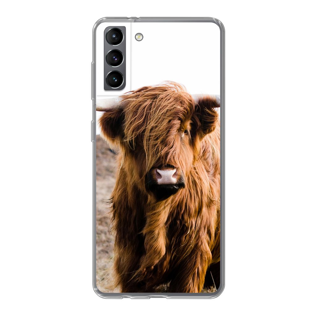 MuchoWow Handyhülle Schutzhülle Hülle für Samsung Galaxy S21 Plus Schottische Highlander - Landschaft - Kuh - Braun - Tiere - Natur Silikon S...