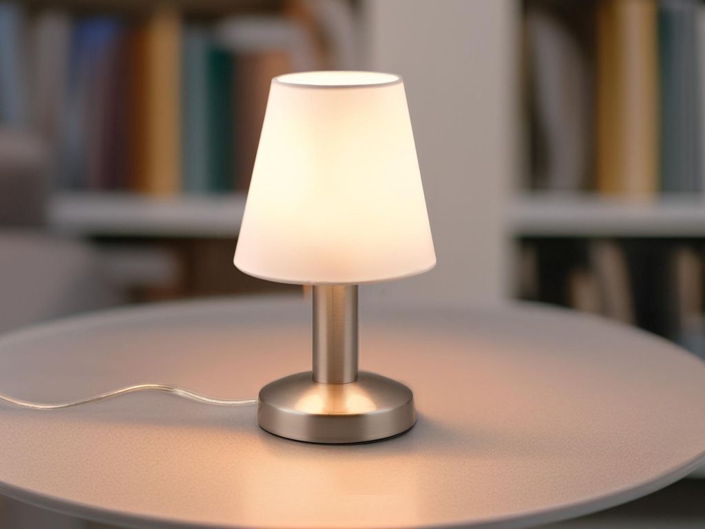 Tischleuchte Silber matt Stoffschirm Weiß Ø 14cm