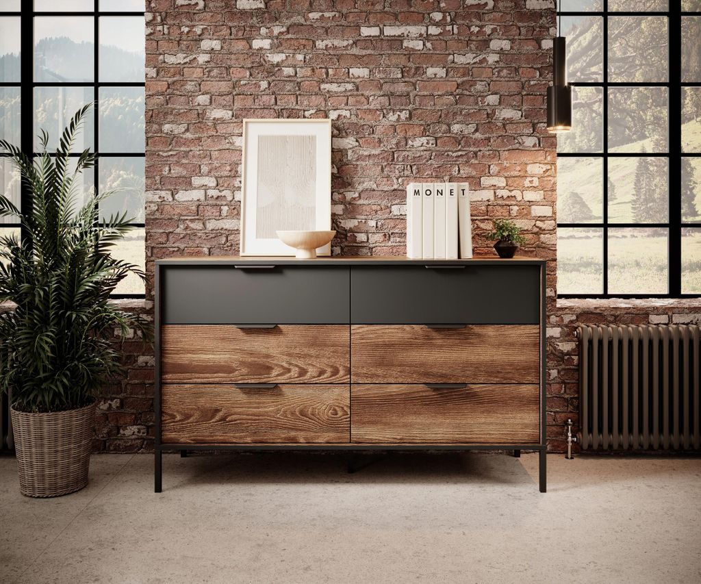 Schubladenkommode Milton 138 cm in Kastanie & Anthrazit | Produktbild 