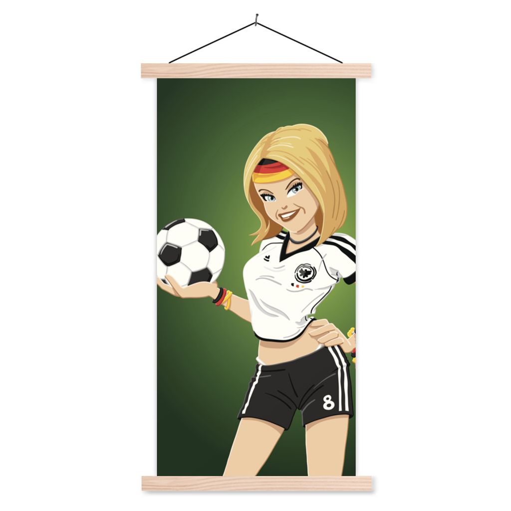 MuchoWow Textilposter Illustration eines Mädchens mit deutscher Kleidung und einem Fußball - Mädchen - Kinder 60x120 cm mit holzfarbenen Rahme...