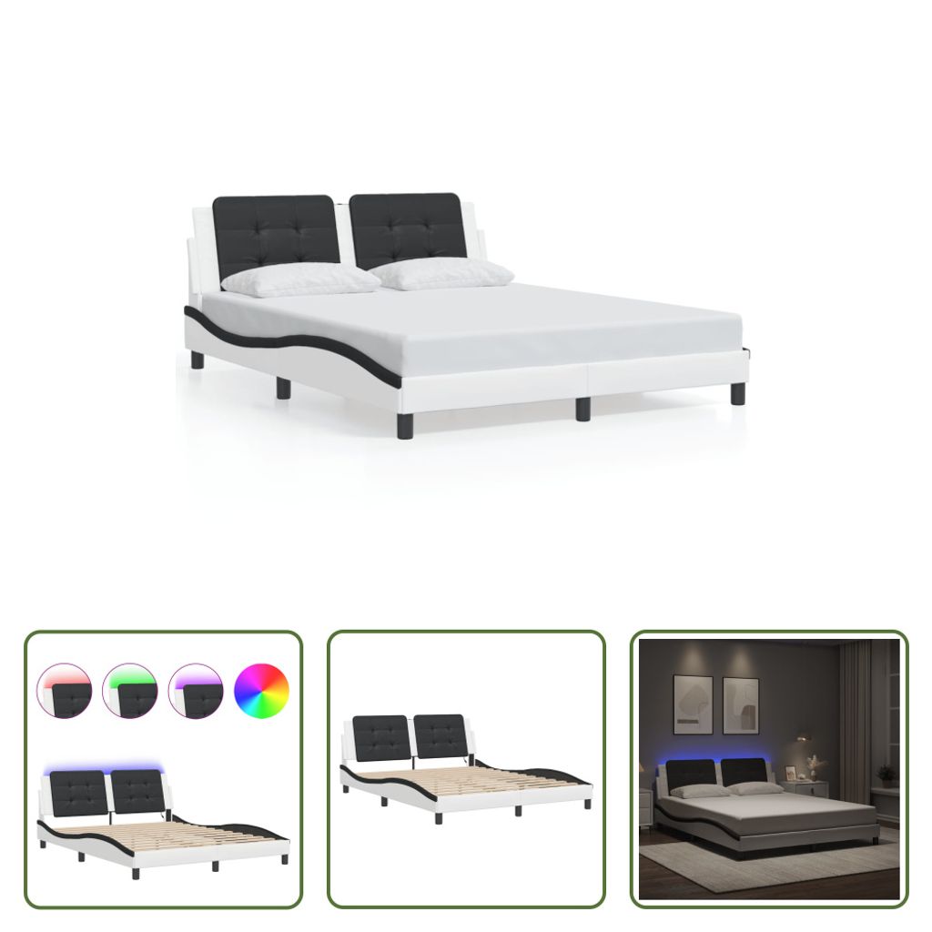 The Living Store Bettgestell mit LED Weiß und Schwarz 160x200 cm Kunstleder