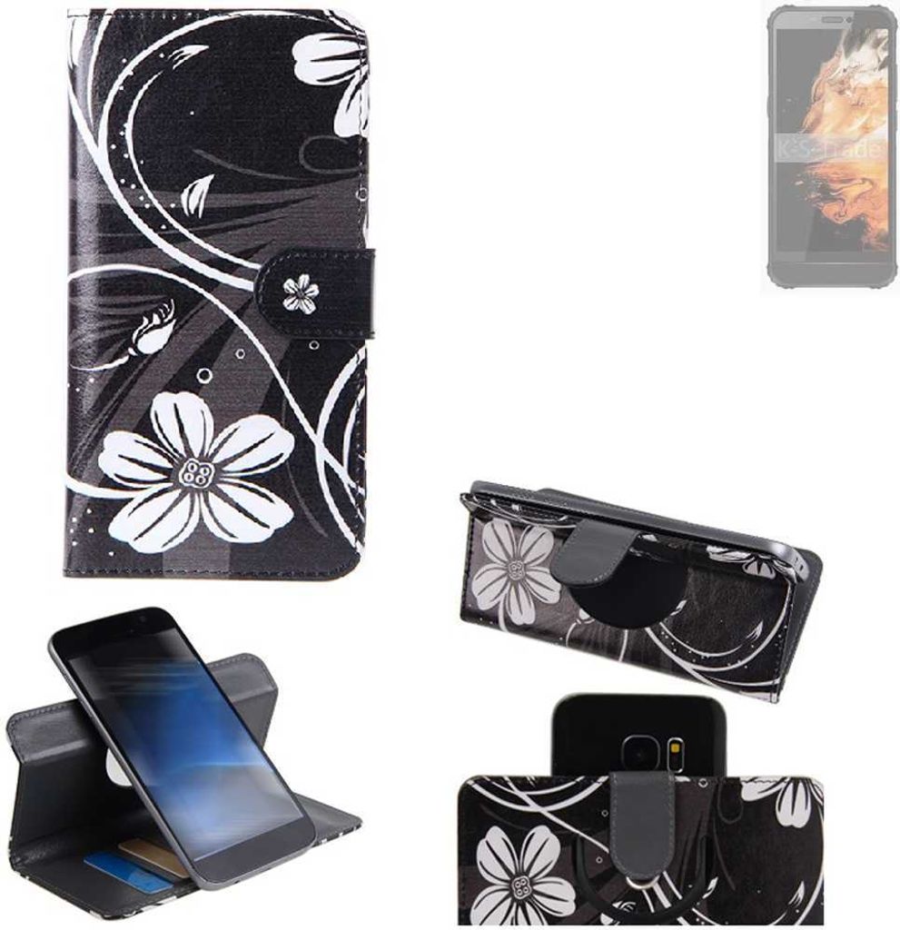 K-S-Trade Schutzhülle Handyhülle kompatibel mit AGM H3 Hülle 360° Wallet Case “Flowers“ Klapphülle Hülle schwarz-weiß 1x