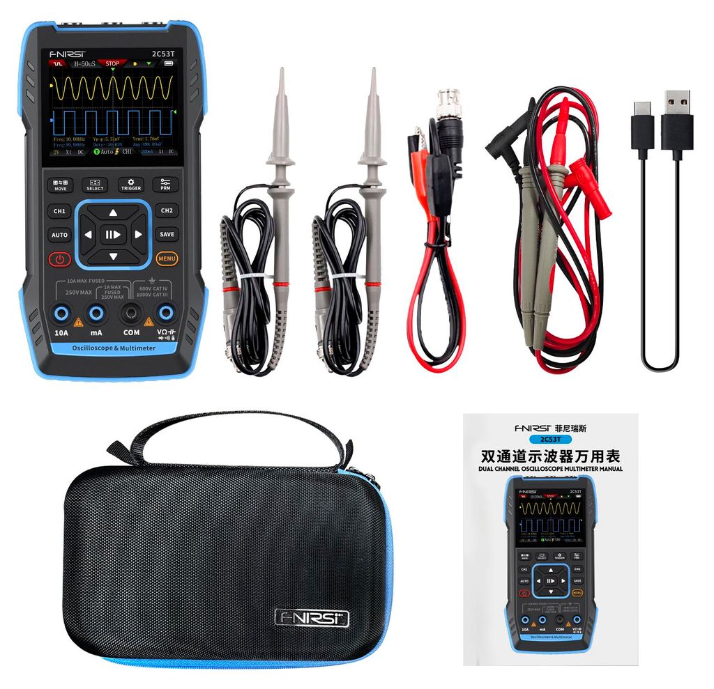 FNIRSI 2C53T 3-in-1 Oszilloskop 50MHz Dual-Kanal, Multimeter, Signalgenerator, 250MS/s, 19999 Counts, True RMS, Upgrade Version