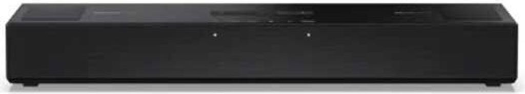 A front view of a black soundbar on a white background.
