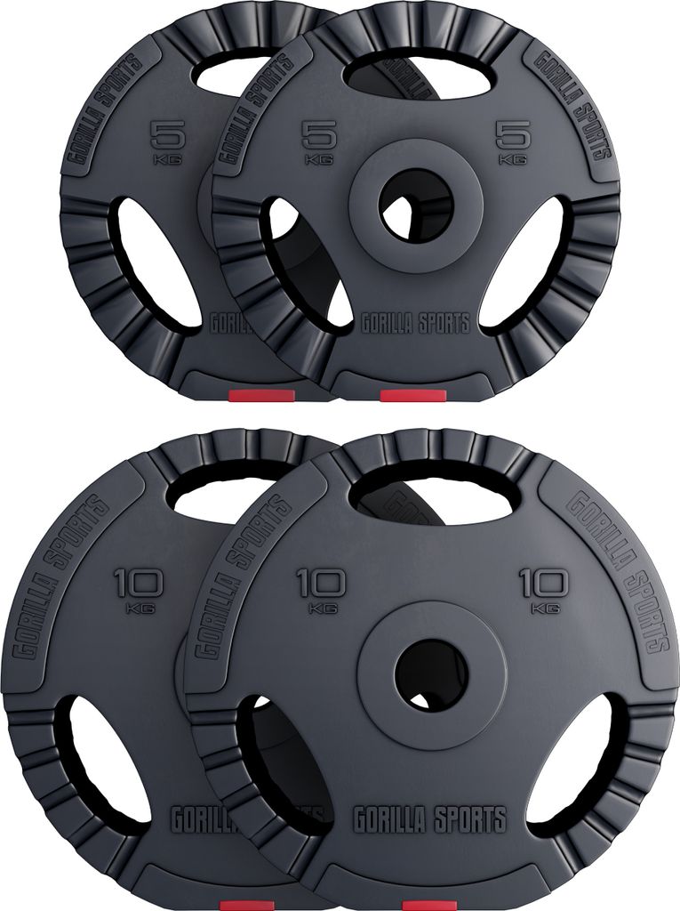 GORILLA SPORTS Olympia Hantelscheiben - 30kg Set, 2x5kg + 2x10kg Gewichte, 50mm Bohrung, Tri-Grip, Kunststoff - Gewichtsscheiben, Olympiascheiben...
