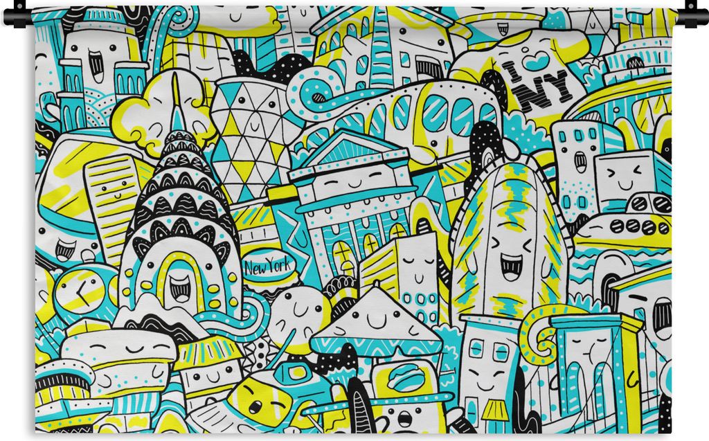 MuchoWow Wandteppich Wandbehang New York - Blau - Gelb 90x60 cm Tapisserie Dekoration Wandtuch - Wandskulpturen - Bildteppich